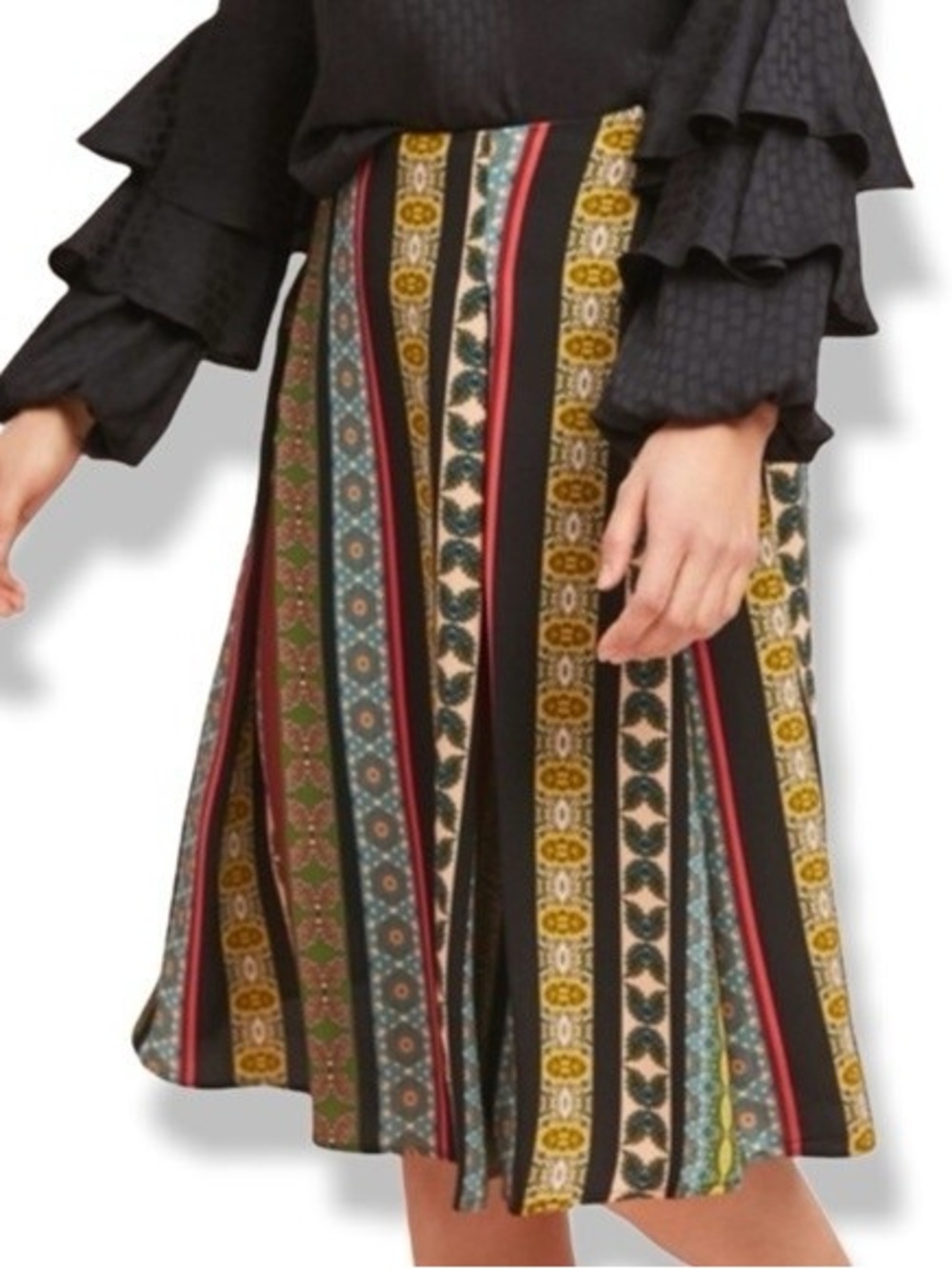 Anthropologie eri + Ali Black A-Line Midi Skirt with Multicolor Vertical Stripes
